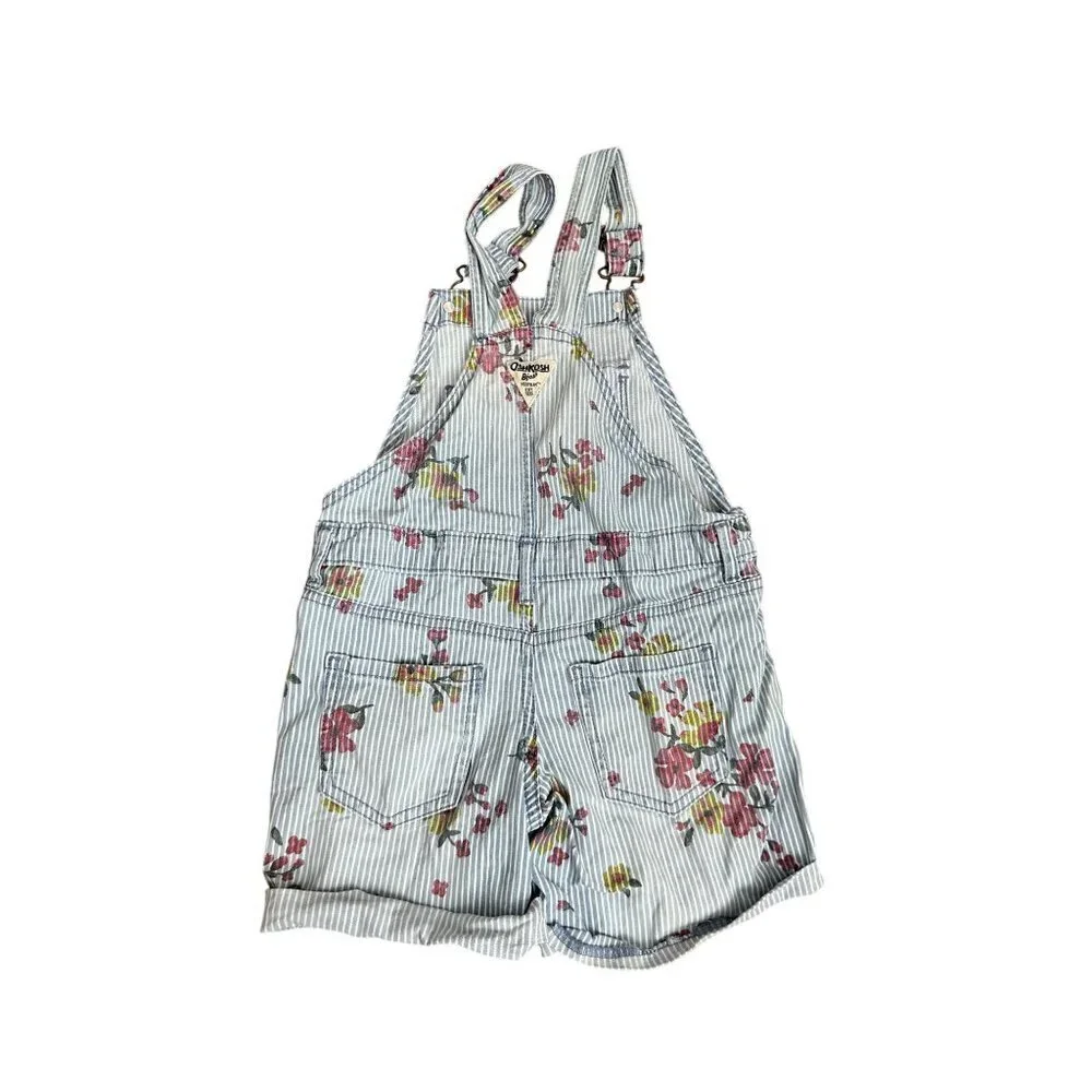 OshKosh Bgosh Girls Floral Striped Denim Overall Shorts Size 6/6X Blue & White W